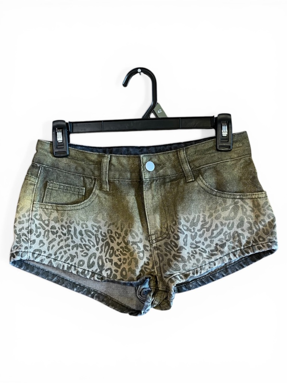 Romwe Women’s Size 2 XS Gold Glitter Leopard Print Zipper Pocket Denim Shorts